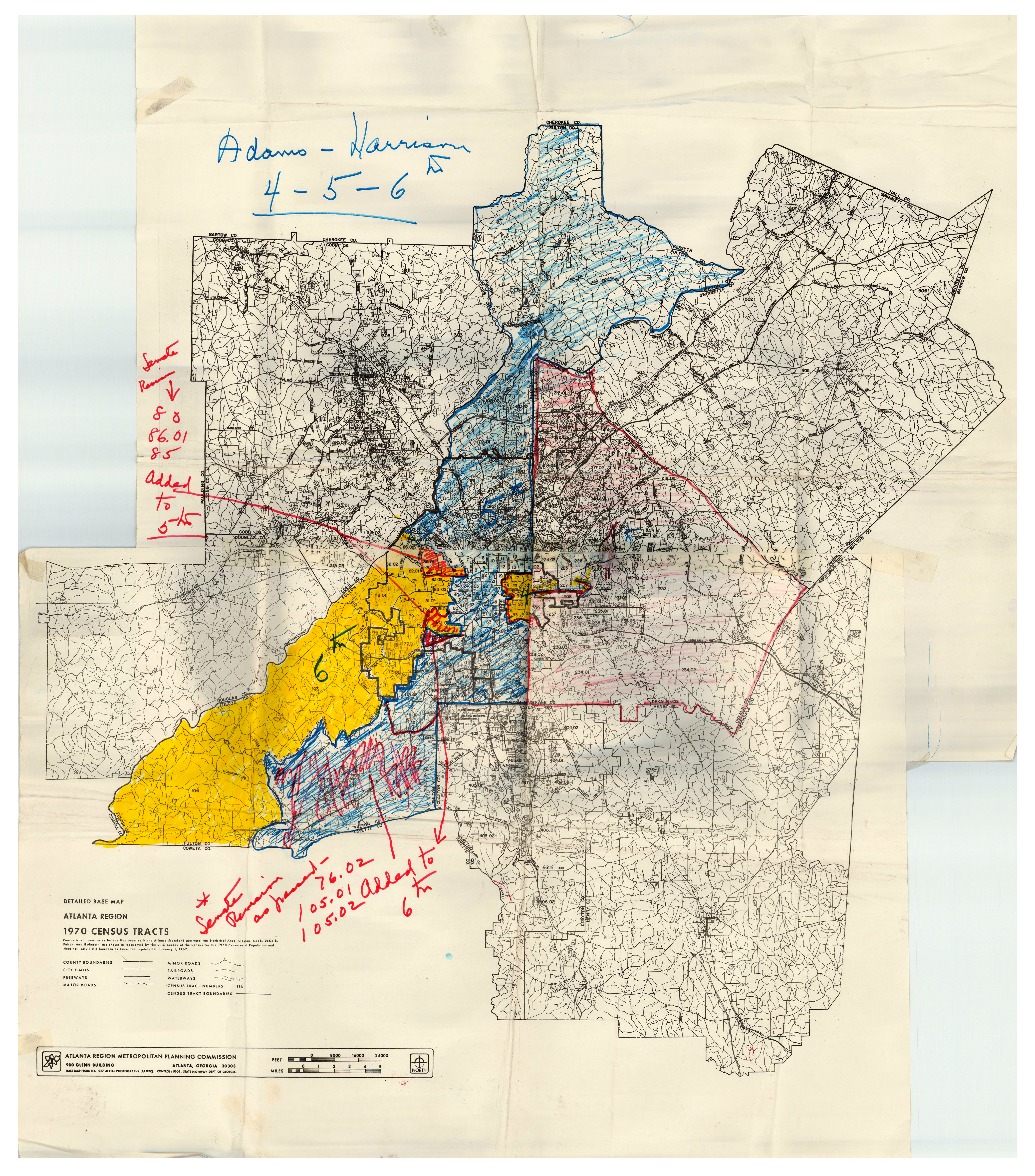 Map of Atlanta Region with 4th, 5th, and 6th Congressional Districts shaded in, 1970. GRACE TOWNS HAMILTON PAPERS. ARCHIVES RESEARCH CENTER. ATLANTA UNIVERSITY CENTER ROBERT W. WOODRUFF LIBRARY.