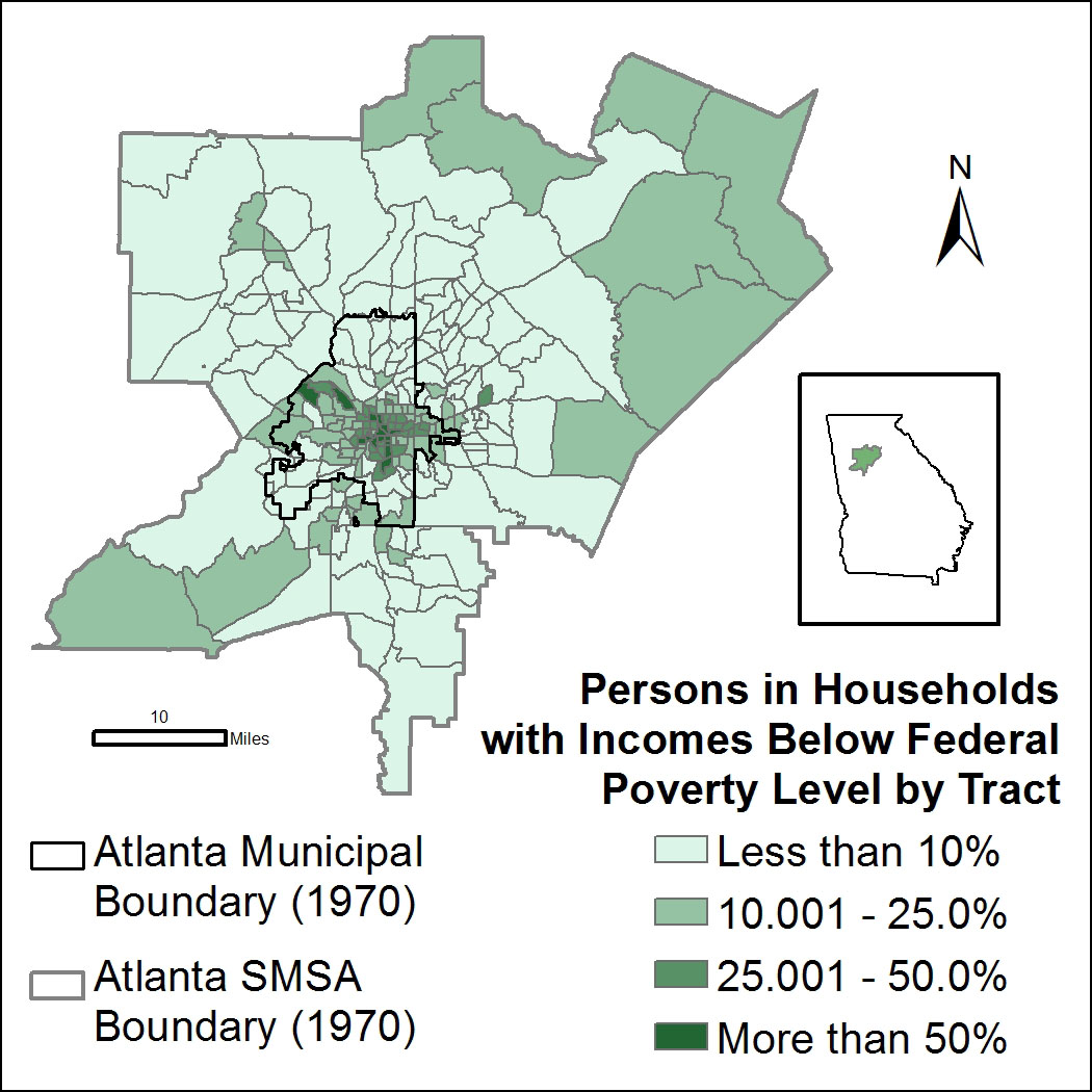 Map showing Atlanta households with incomes beneath federal poverty level by Census tract.